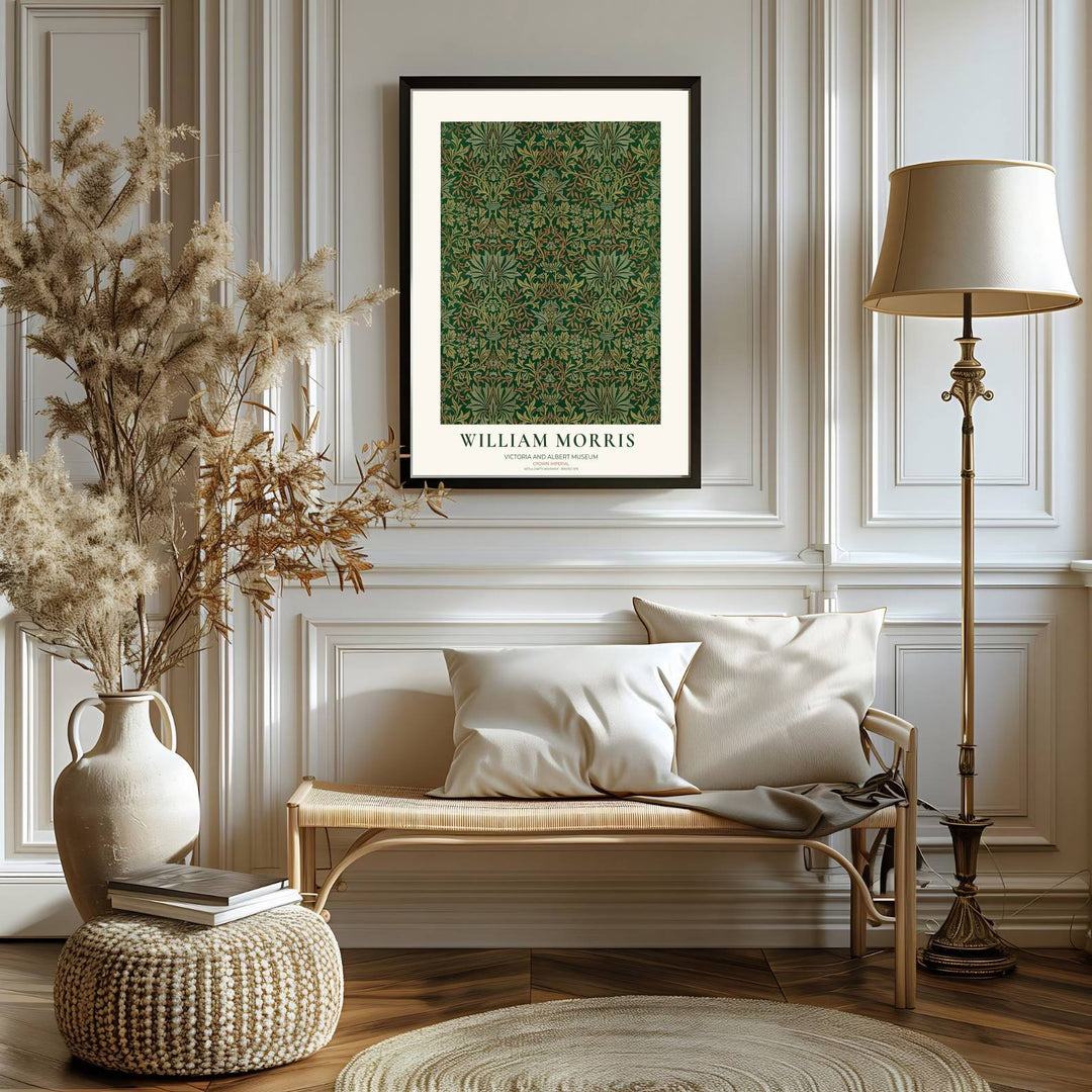 Historic artwork print of William Morris Crown Imperial, capturing regal flower blossoms, terracotta highlights, and dense foliage backgrounds suited for bedroom, library, and office wall spaces.