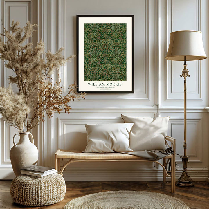 Historic artwork print of William Morris Crown Imperial, capturing regal flower blossoms, terracotta highlights, and dense foliage backgrounds suited for bedroom, library, and office wall spaces.