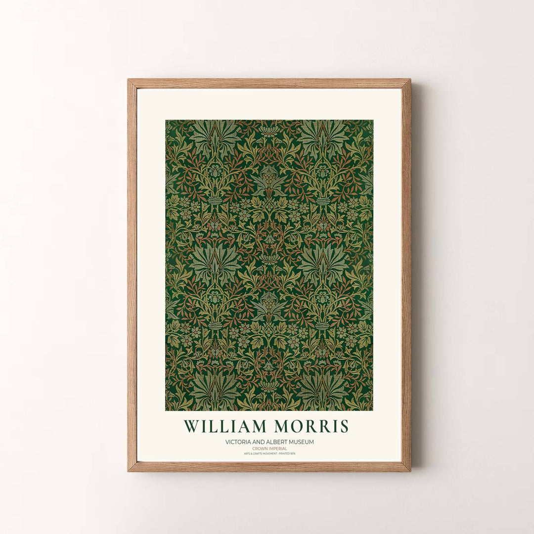 Museum quality visual print of William Morris Crown Imperial displaying historical floral tapestry graphics and dark green leaf motifs, ideal for traditional home collections and art displays.