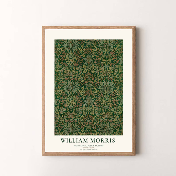 Museum quality visual print of William Morris Crown Imperial displaying historical floral tapestry graphics and dark green leaf motifs, ideal for traditional home collections and art displays.