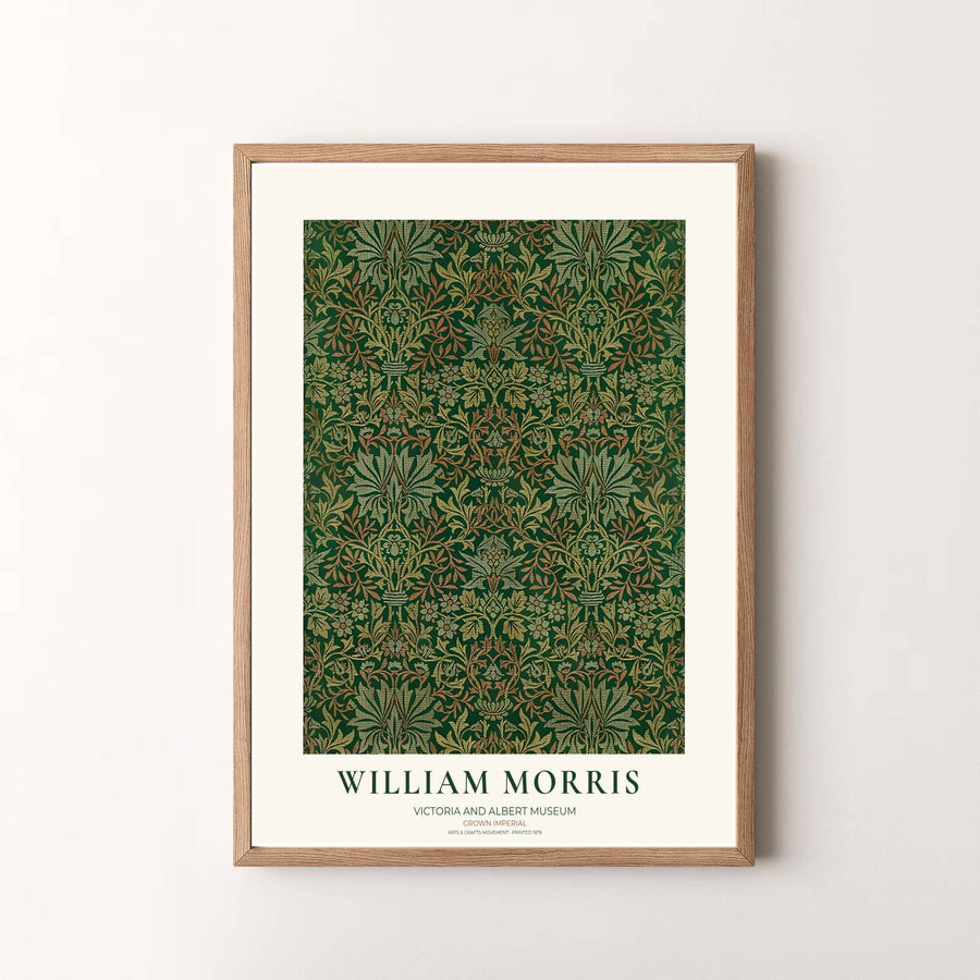 Museum quality visual print of William Morris Crown Imperial displaying historical floral tapestry graphics and dark green leaf motifs, ideal for traditional home collections and art displays.