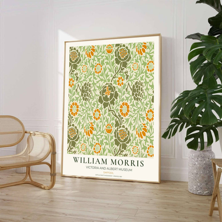 Detailed artwork print rendition of the iconic William Morris Daffodil poster, highlighting rich marigold yellow, olive green, and soft sage tones ideal for sunny dining room and kitchen focal points.