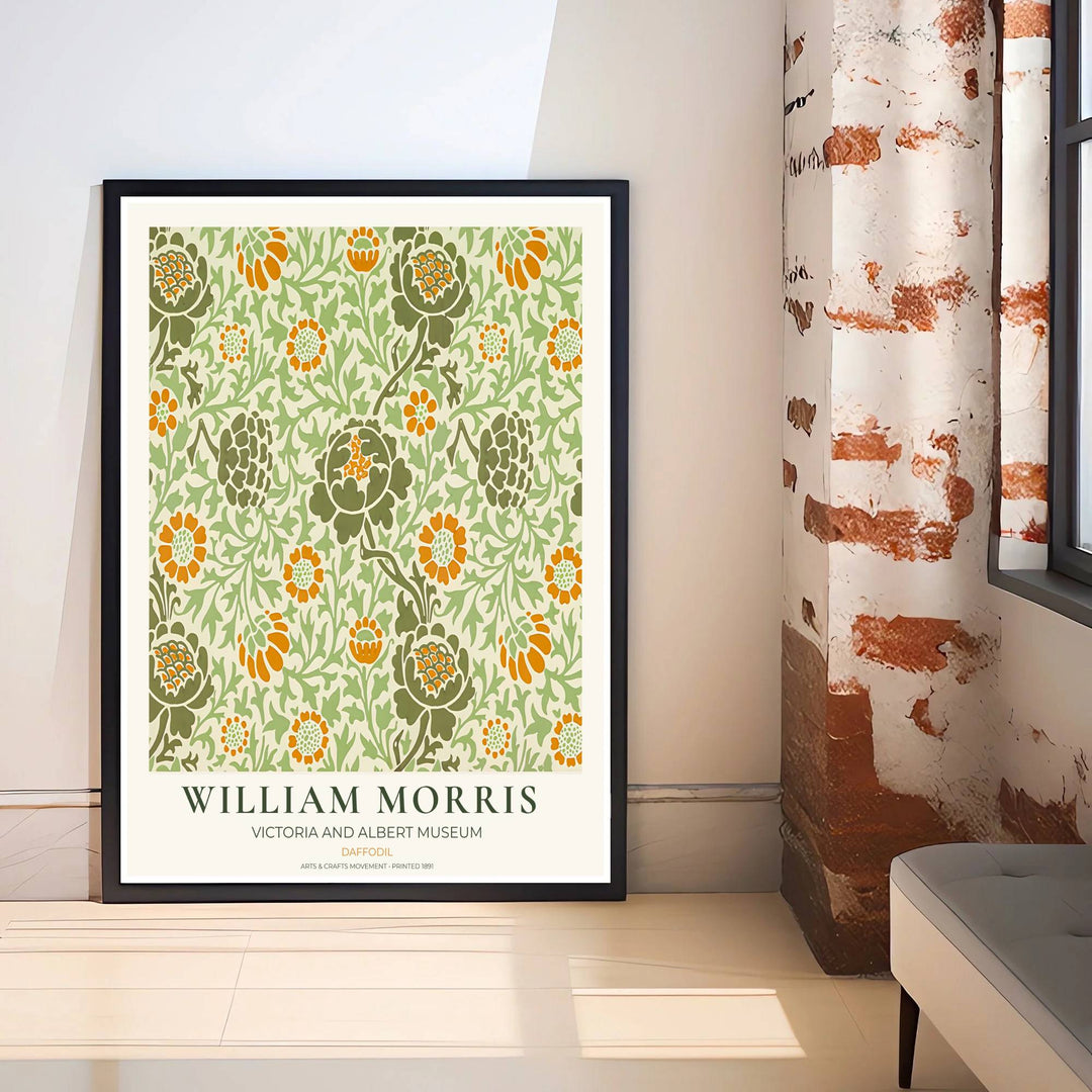 Archival William Morris Daffodil print featuring classic Arts and Crafts Movement textile graphics, printed with vivid archival inks on premium paper for museum quality gallery displays.
