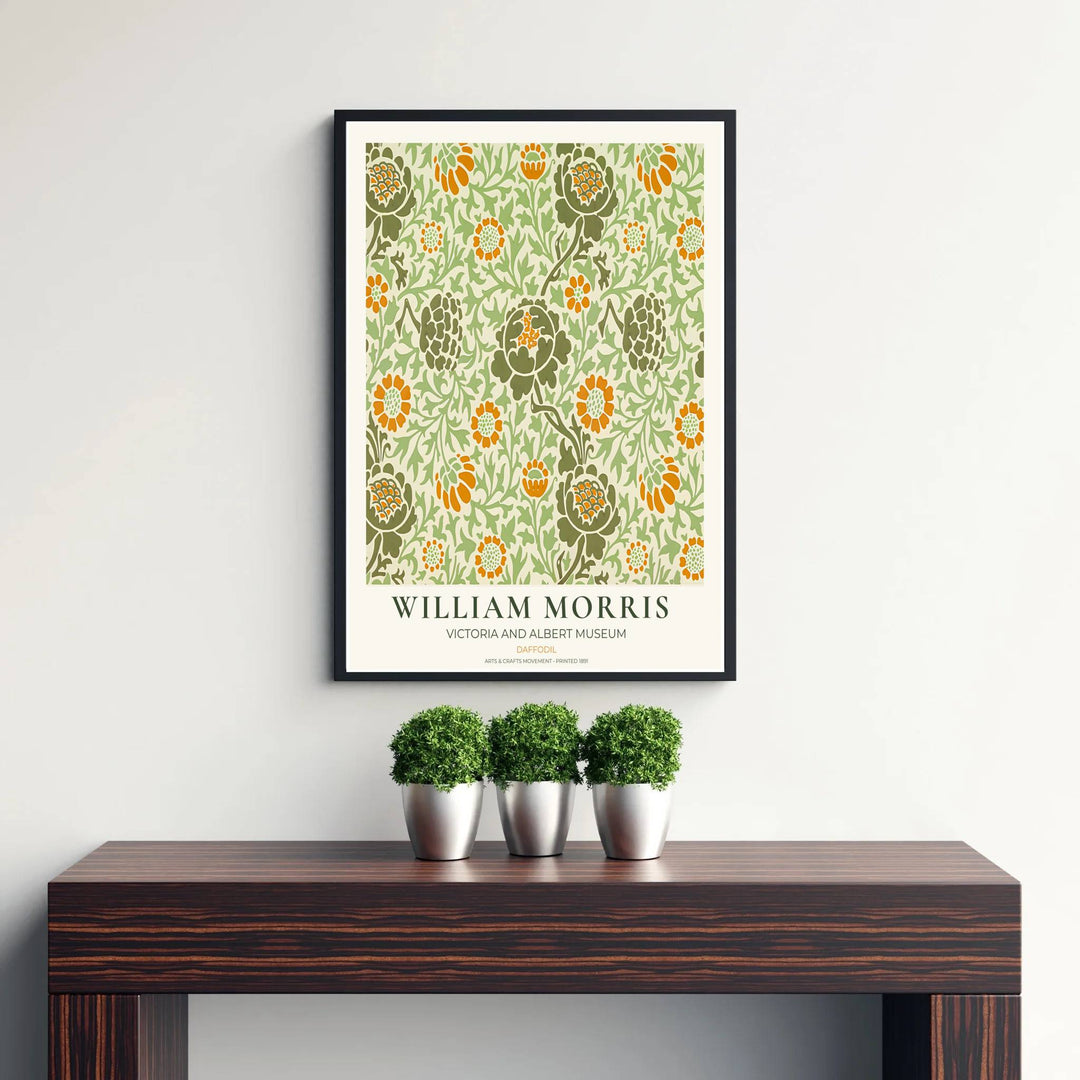 Fine art print showcasing the delicate floral and leaf detailing of William Morris Daffodil, offering a cheerful aesthetic with orange blooms for living room decor.