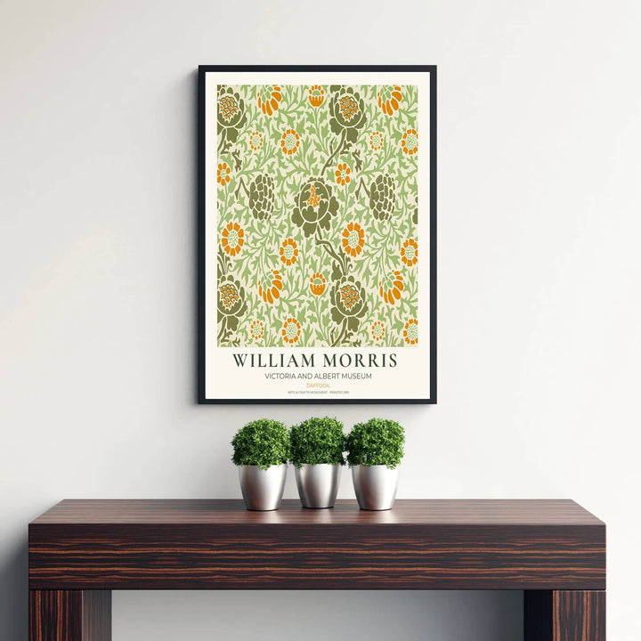 Fine art print showcasing the delicate floral and leaf detailing of William Morris Daffodil, offering a cheerful aesthetic with orange blooms for living room decor.