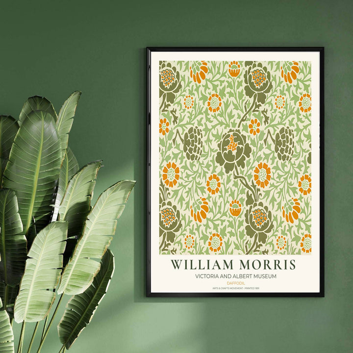 Modern decorative floral print of William Morris Daffodil featuring detailed flowering heads and dense sage green background patterns, ideal for contemporary wall decoration and light filled living areas.