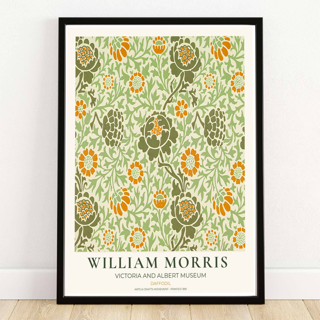 High quality William Morris Daffodil green yellow print displaying marigold blossoms and olive green foliage perfect for bright living room wall decor.
