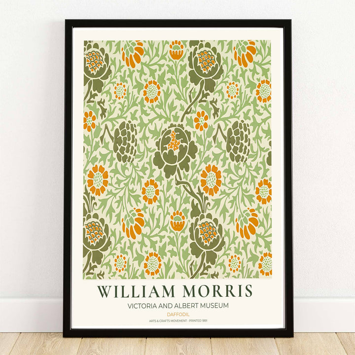 High quality William Morris Daffodil green yellow print displaying marigold blossoms and olive green foliage perfect for bright living room wall decor.