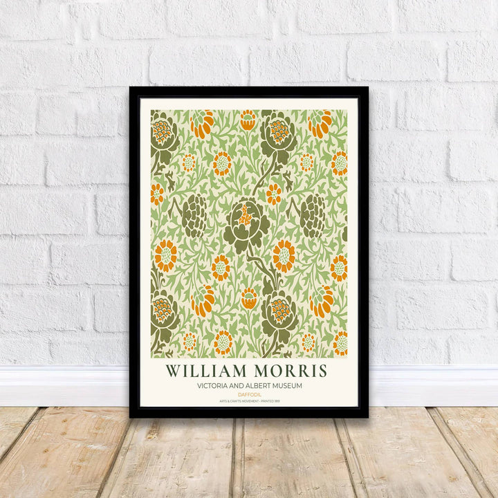 Classic William Morris Daffodil green yellow print, adding a charming vintage flair and rich botanical detail to warm living room arrangements, entryways, and traditional interior spaces.