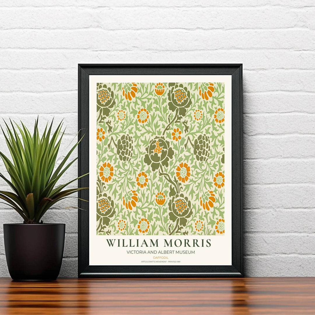 Detailed botanical artwork print displaying the famed Daffodil pattern by William Morris, expertly rendered to highlight historic textile elements and artistic craftsmanship for stylish home decor.
