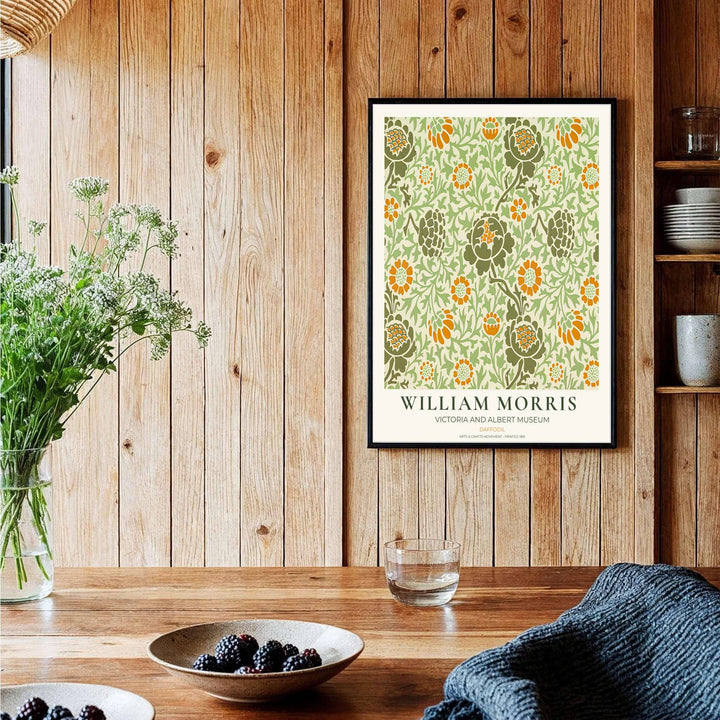 Sophisticated William Morris Daffodil floral poster print, designed to coordinate with warm home accents, yellow tones, and cheerful botanical wall art gallery layout compositions.