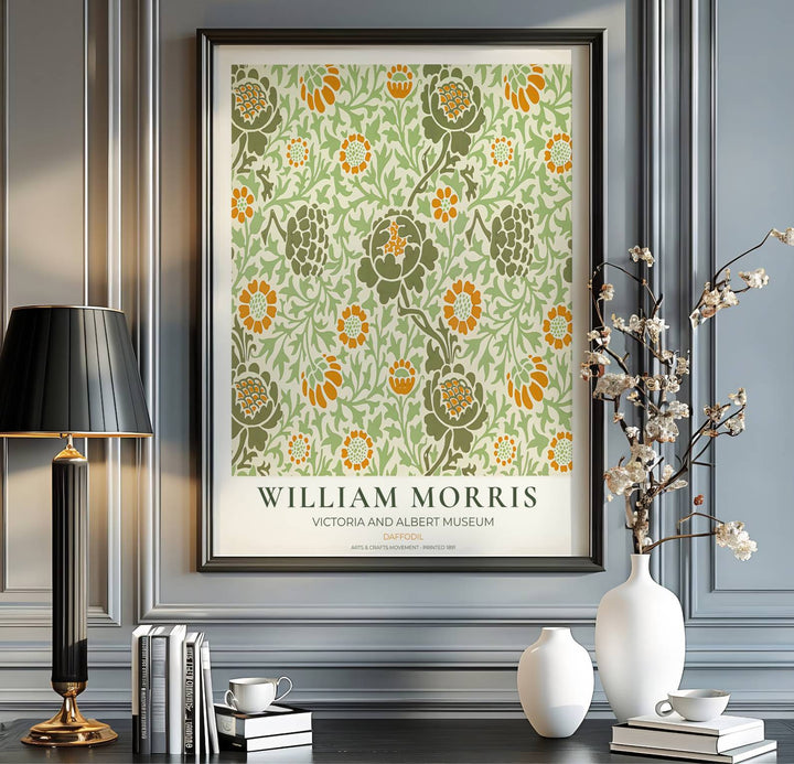 Historic artwork print of William Morris Daffodil, capturing stylized flower blossoms, olive leaf outlines, and dense sage green leaf backgrounds suited for kitchen, hallway, and cozy bedroom wall spaces.