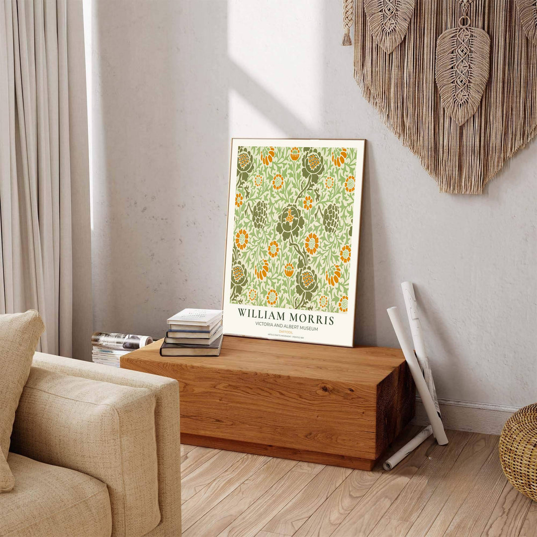 Detailed botanical illustration print displaying the swirling foliage movement and blooming marigold heads of William Morris, perfect for cheerful wall arrangements and modern gallery collections.