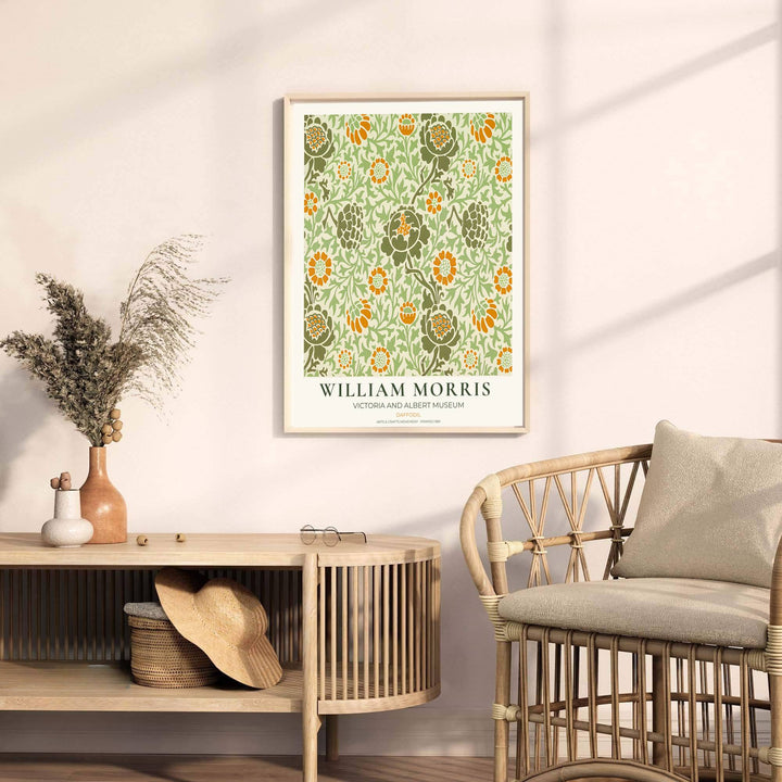 Vintage floral artwork print of William Morris Daffodil, providing a warm, uplifting touch to classic European, Victorian, and cottagecore home interior themes with organic pattern graphics.