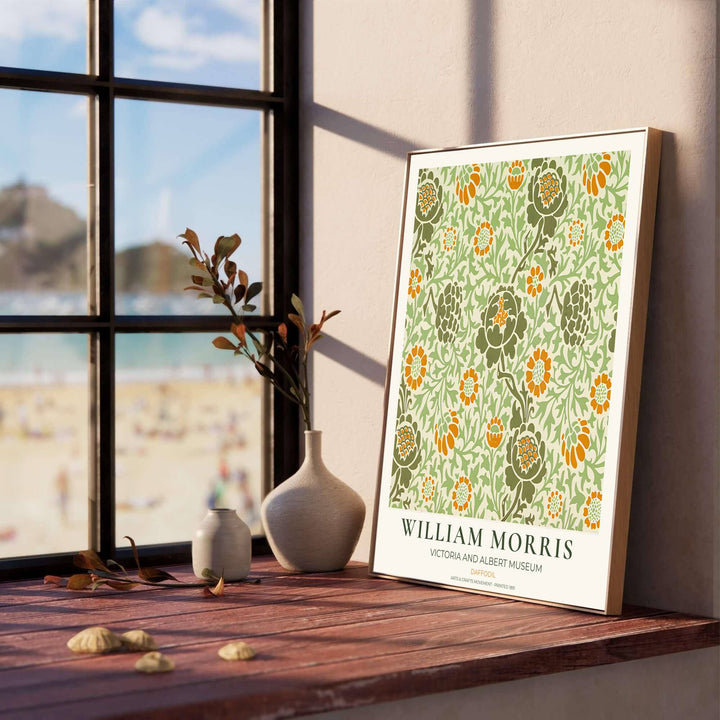 Decorative wall art print of William Morris Daffodil green and yellow poster set against a clean cream margin, bringing timeless vintage British botanical elegance into home interior spaces.