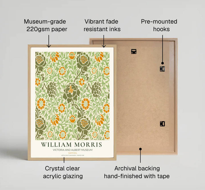 High definition graphic print of the renowned Daffodil design by William Morris, showcasing lush foliage details and warm green and yellow tones for lasting aesthetic appeal in residential spaces.