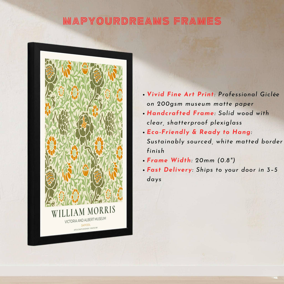 Premium heritage botanical print of the historic 1891 Daffodil layout by William Morris, ideal for styling bright interior spaces or building an eclectic vintage art poster collection across home rooms.