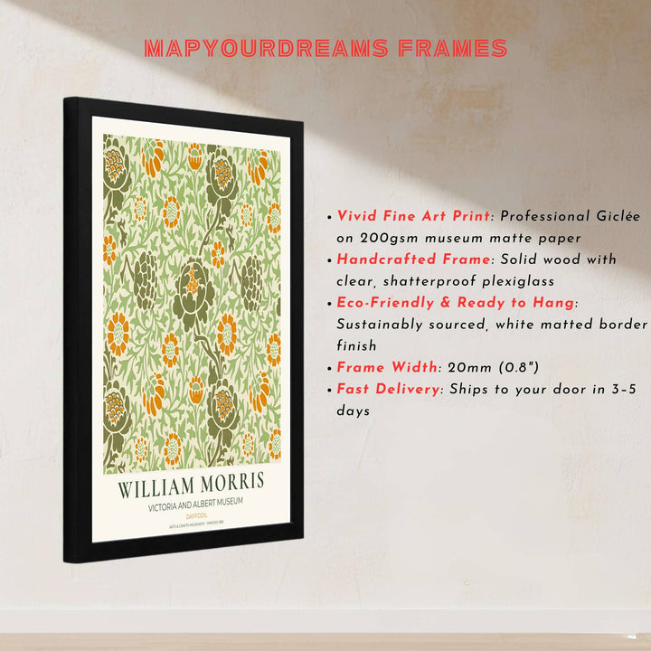 Premium heritage botanical print of the historic 1891 Daffodil layout by William Morris, ideal for styling bright interior spaces or building an eclectic vintage art poster collection across home rooms.