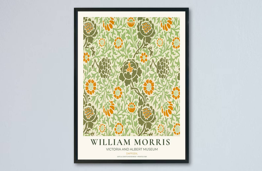 Historic poster print of the famous William Morris Daffodil design, showing fine museum exhibition text at the base and full botanical artistry across the main sheet for decorative wall display.