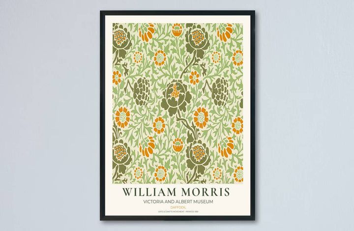 Historic poster print of the famous William Morris Daffodil design, showing fine museum exhibition text at the base and full botanical artistry across the main sheet for decorative wall display.
