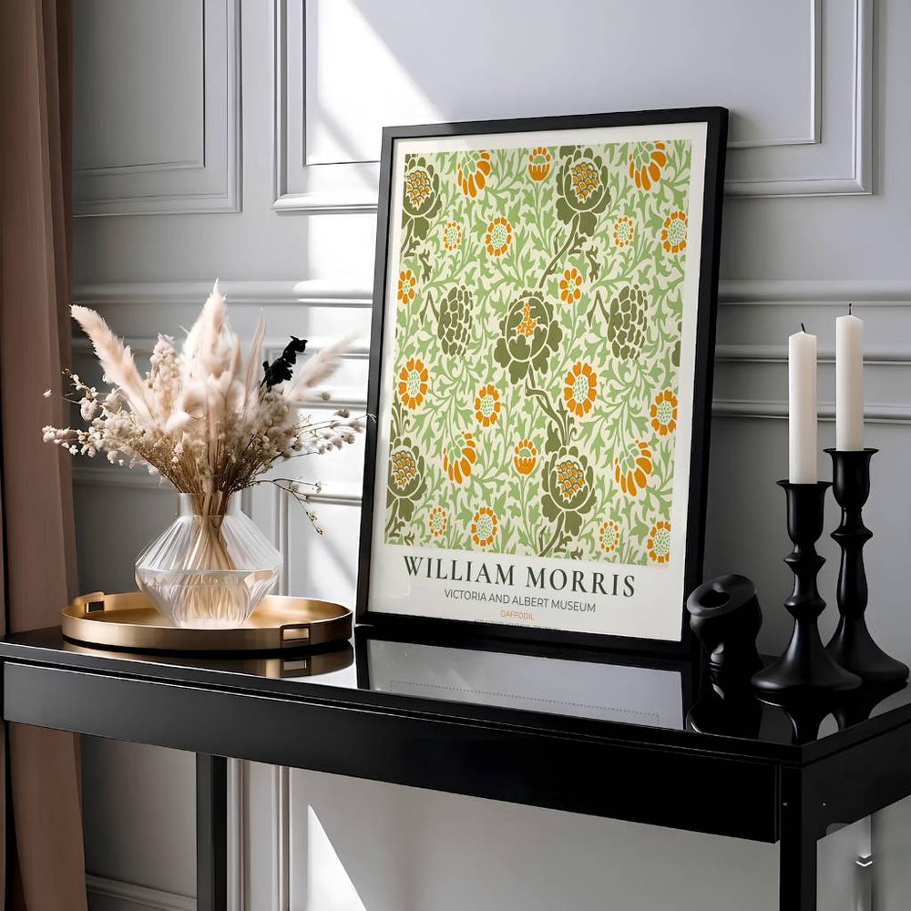 Elegant William Morris floral print capturing an 1891 vintage exhibition design with warm orange and sage green daffodil motifs to enhance traditional or modern home interior design.
