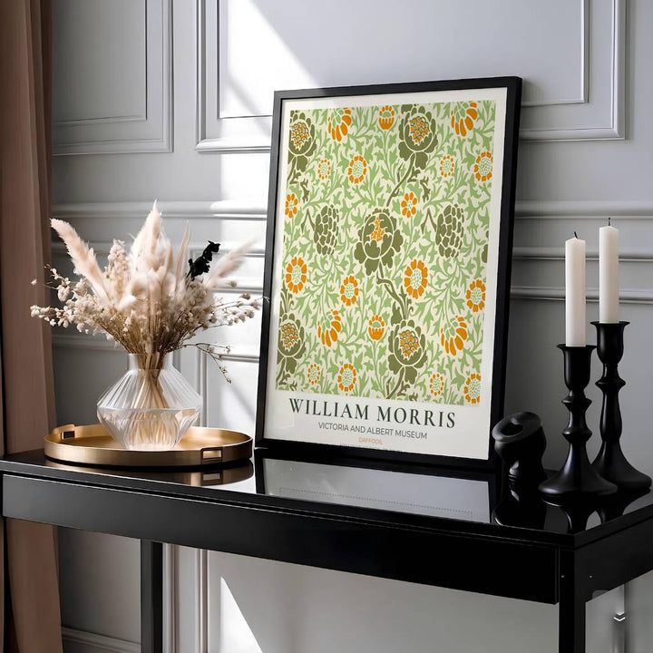 Elegant William Morris floral print capturing an 1891 vintage exhibition design with warm orange and sage green daffodil motifs to enhance traditional or modern home interior design.