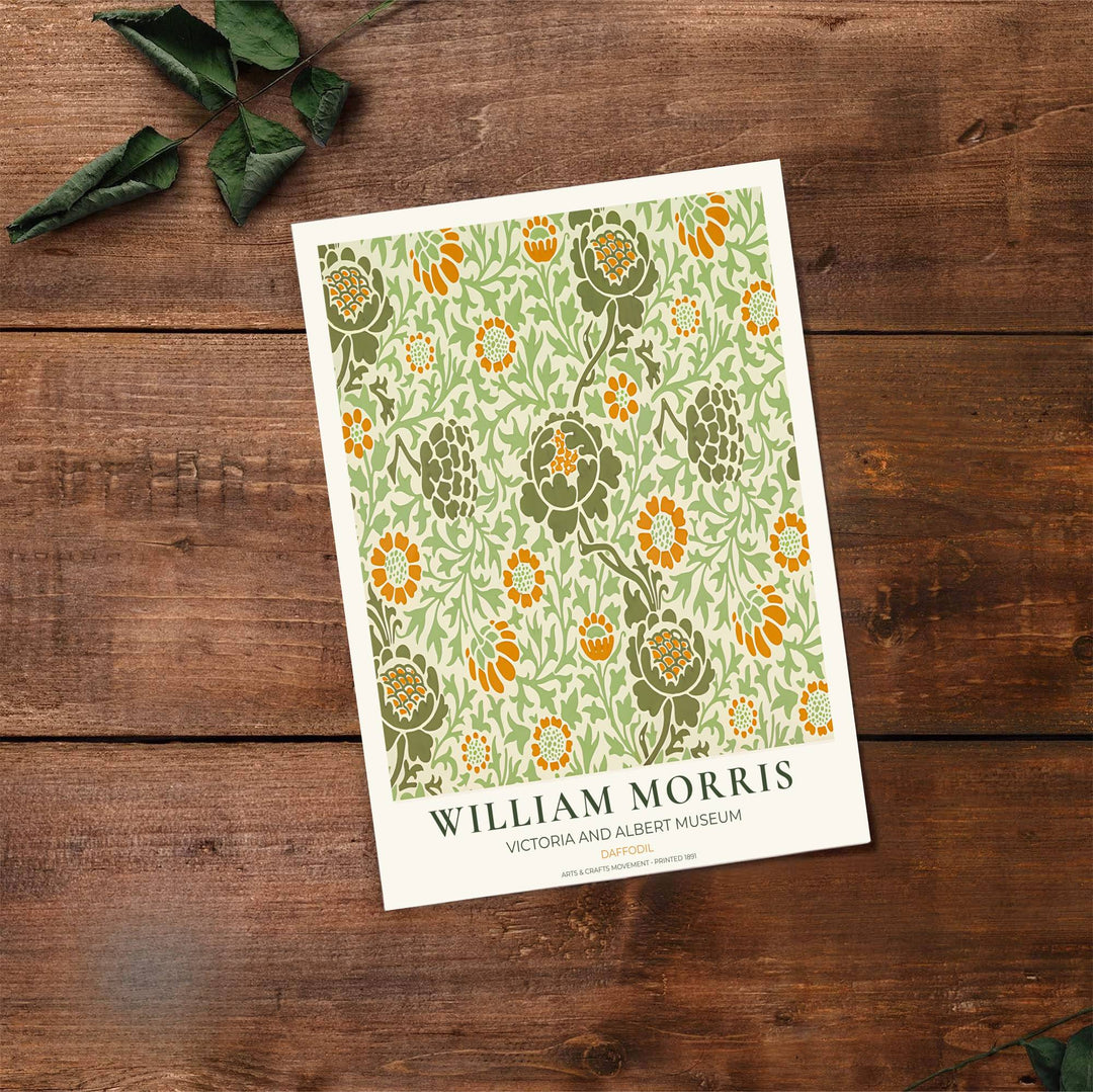 High quality art print showing William Morris Daffodil vintage botanical artwork, meticulously produced to ensure long lasting color stability and stunning visual appeal in modern home interiors.