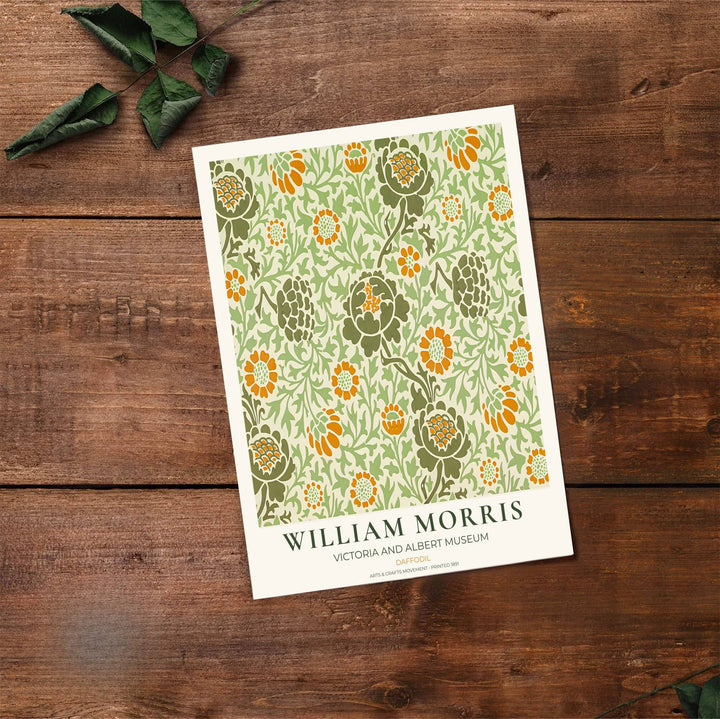 High quality art print showing William Morris Daffodil vintage botanical artwork, meticulously produced to ensure long lasting color stability and stunning visual appeal in modern home interiors.