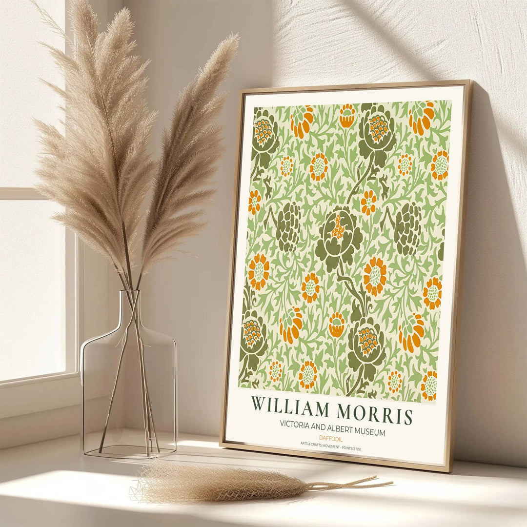 Decorative artwork print of William Morris Daffodil featuring dense leaf background fills, marigold highlights, and a clean cream border suitable for luxury interior styling and wall displays.