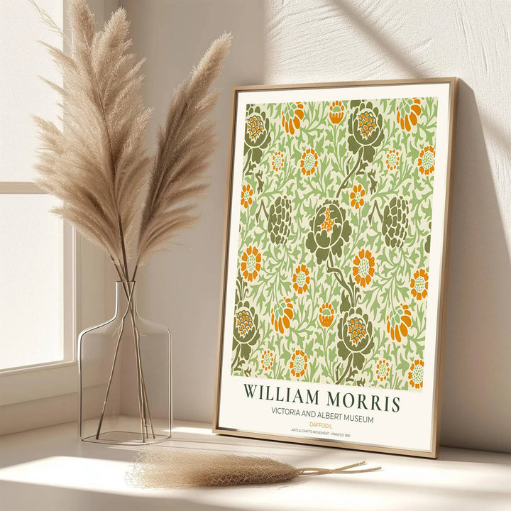 Decorative artwork print of William Morris Daffodil featuring dense leaf background fills, marigold highlights, and a clean cream border suitable for luxury interior styling and wall displays.