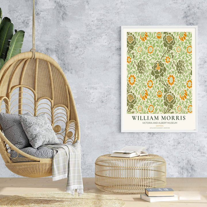 Elegant art print reproduction of the classic Daffodil artwork by William Morris, ideal for flexible decor setups and tailored color schemes across traditional, transitional, or cottagecore interiors.