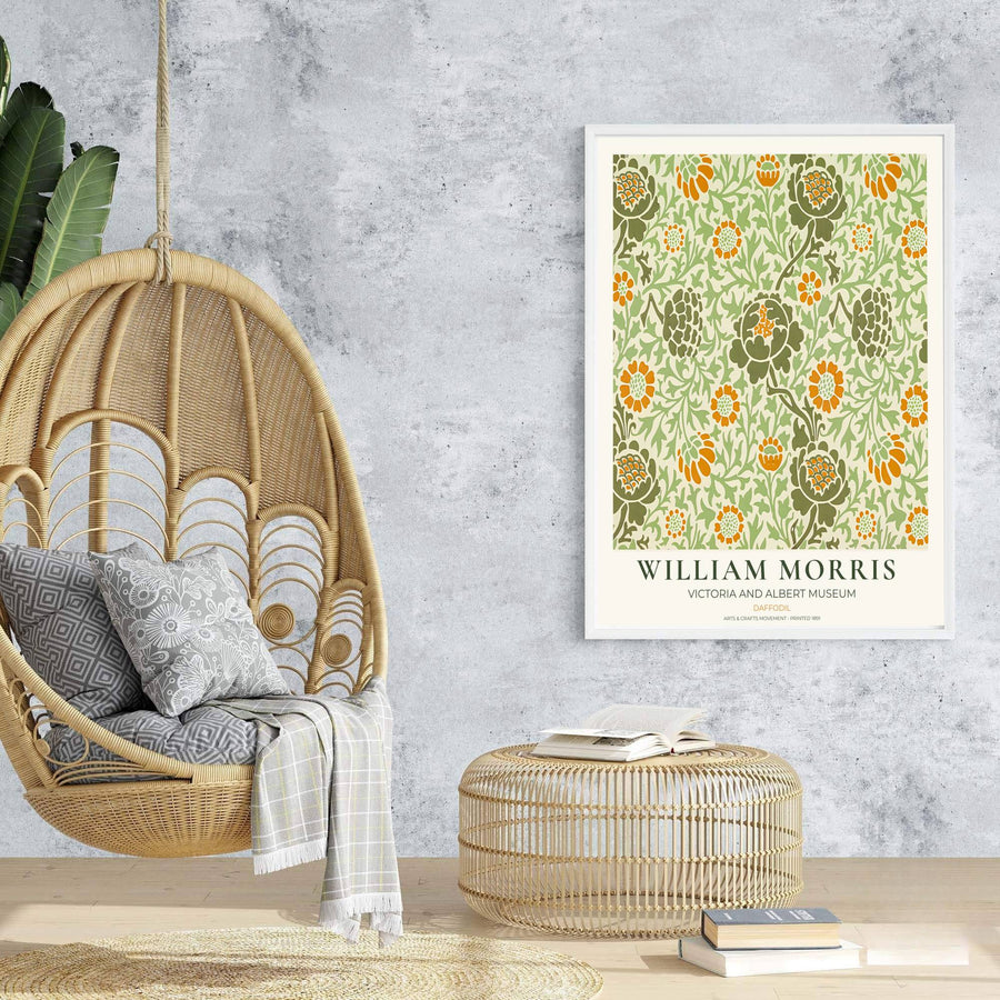 Elegant art print reproduction of the classic Daffodil artwork by William Morris, ideal for flexible decor setups and tailored color schemes across traditional, transitional, or cottagecore interiors.