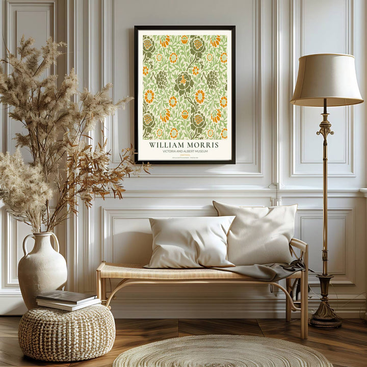 Authentic Arts and Crafts Daffodil design print by William Morris, bringing organic energy, refined English heritage art, and warm yellow and green contrast into cozy home living spaces.
