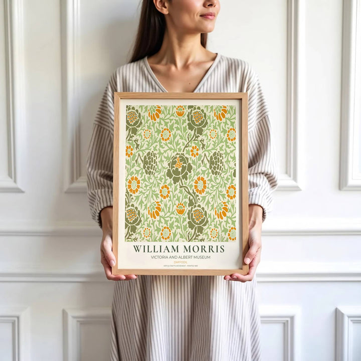 Fine graphic print featuring the detailed textile art of William Morris titled Daffodil, serving as a sophisticated centerpiece for Victorian, cottagecore, or sunny room decor themes.