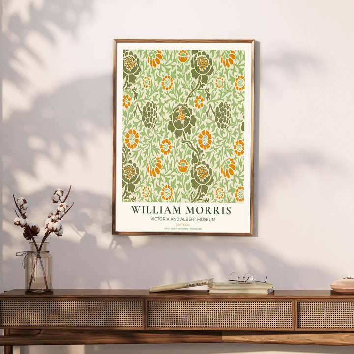 Archival visual print featuring William Morris Daffodil foliage patterns, offering clean museum text borders and dense leaf movement suitable for home library, hallway, or study accent walls.