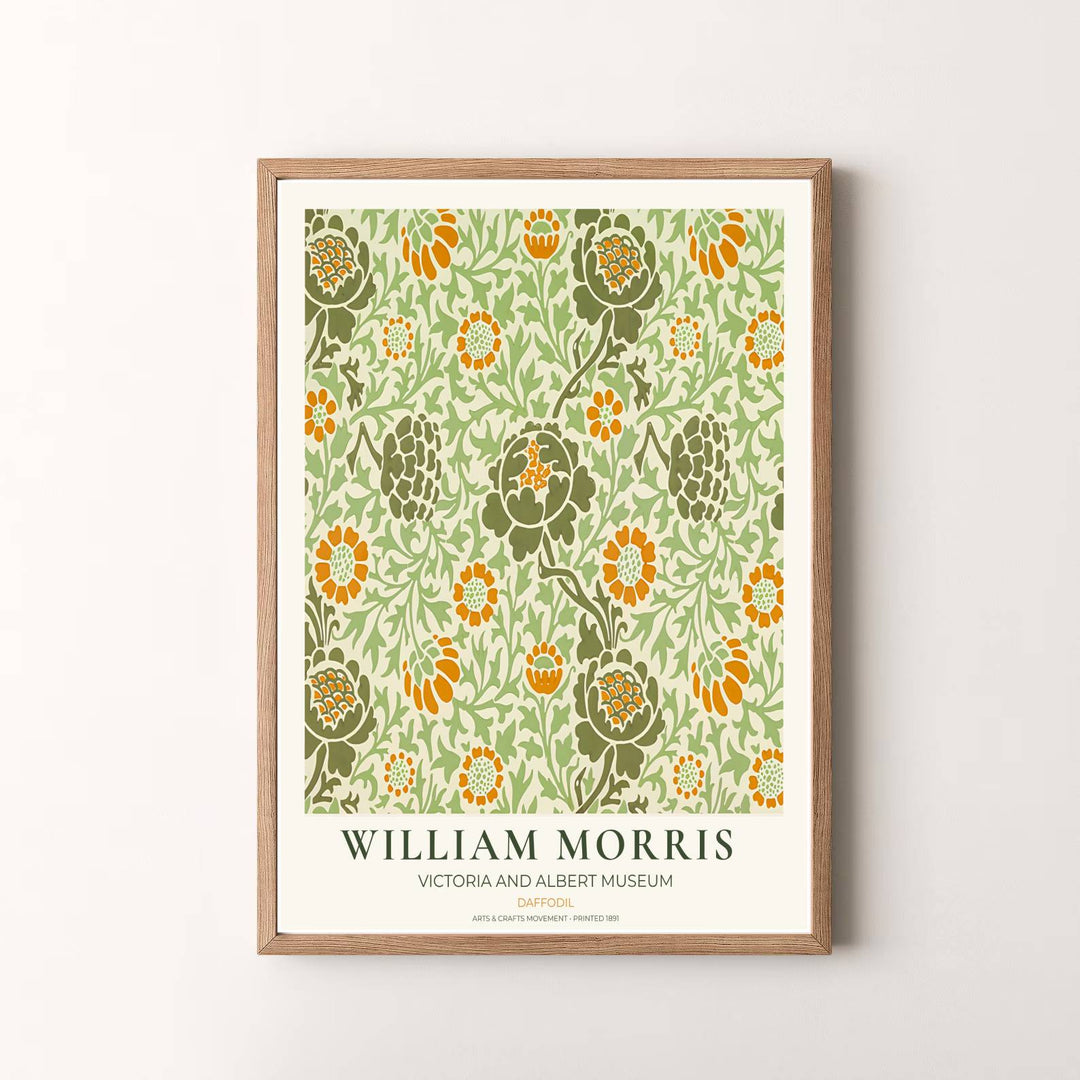 Timeless William Morris Daffodil floral artwork print, blending vintage English pattern design with high definition detailing for striking wall decoration across modern residential spaces.