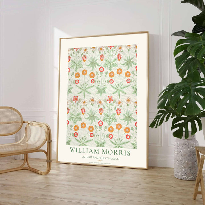 Detailed artwork print rendition of the iconic William Morris Daisy poster, highlighting rich marigold orange, soft red, and pale sage tones ideal for dining room and kitchen focal points.