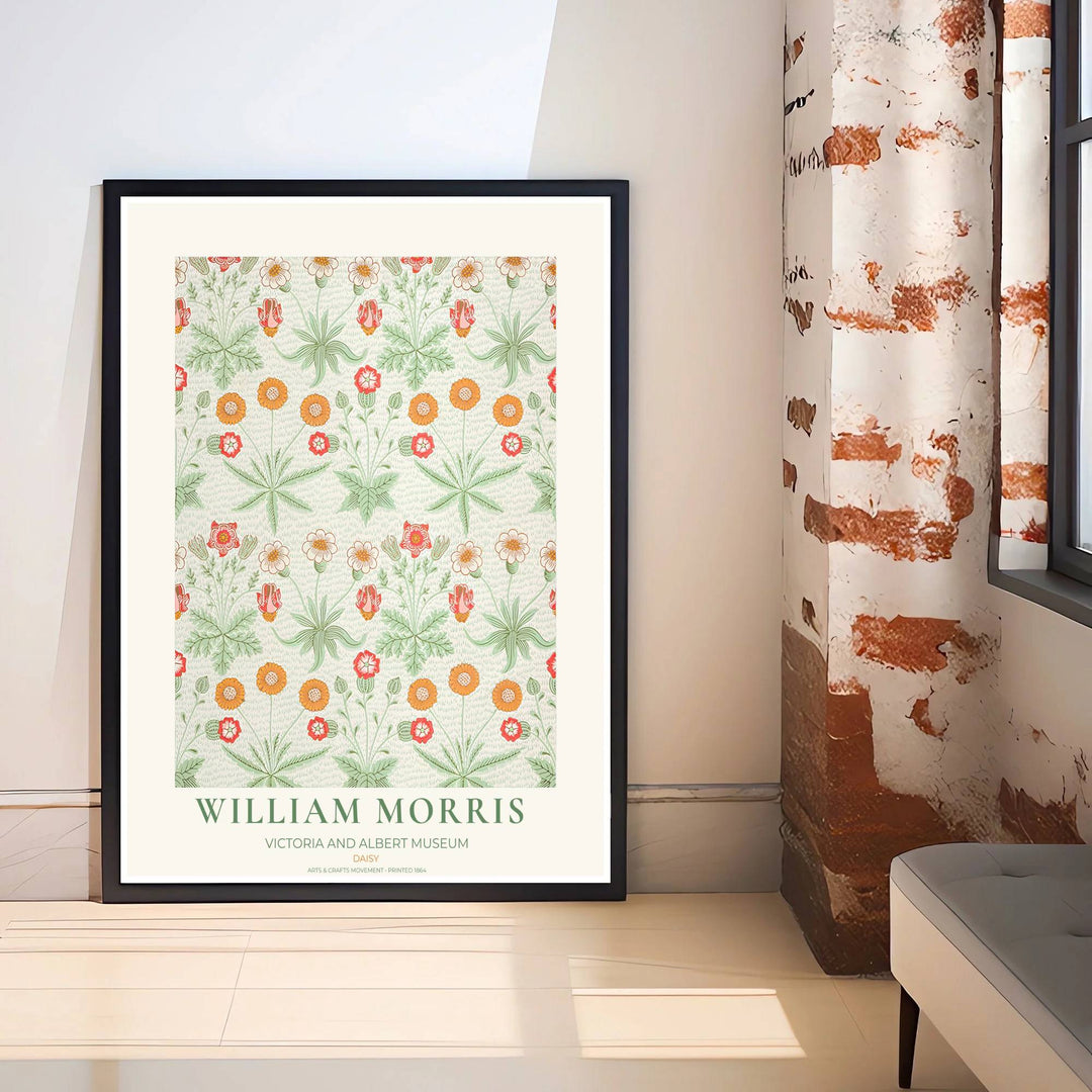Archival William Morris Daisy print featuring classic Arts and Crafts Movement textile graphics, printed with vivid archival inks on premium paper for museum quality gallery displays.
