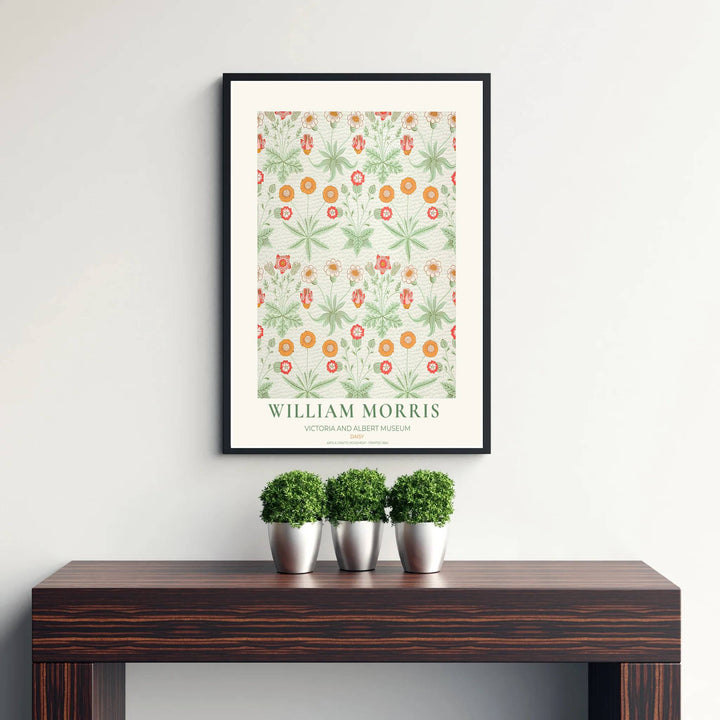 Fine art print showcasing the delicate wildflower and leaf detailing of William Morris Daisy, offering a sweet cottagecore aesthetic with orange blossoms for living room decor.