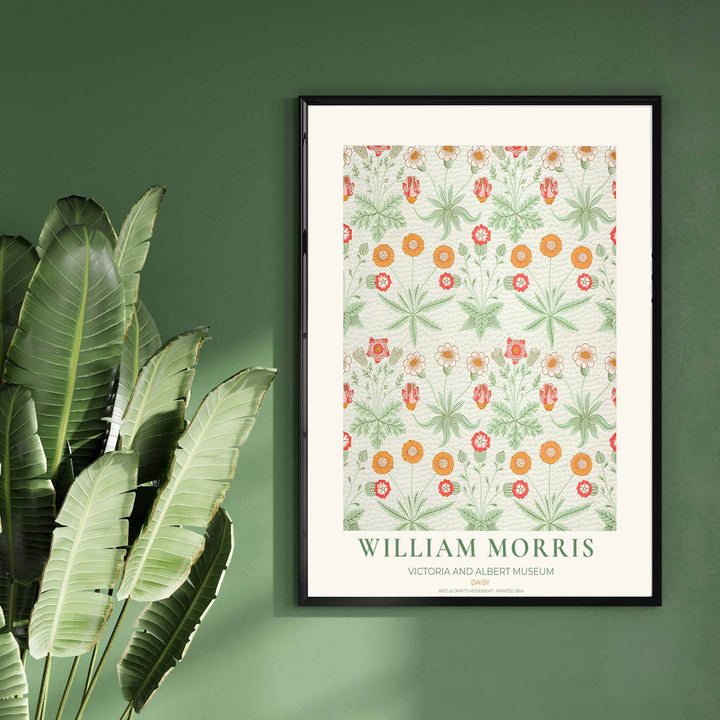 Modern decorative floral print of William Morris Daisy featuring detailed flowering clumps and pale sage green background leaf patterns, ideal for contemporary wall decoration and light filled living areas.