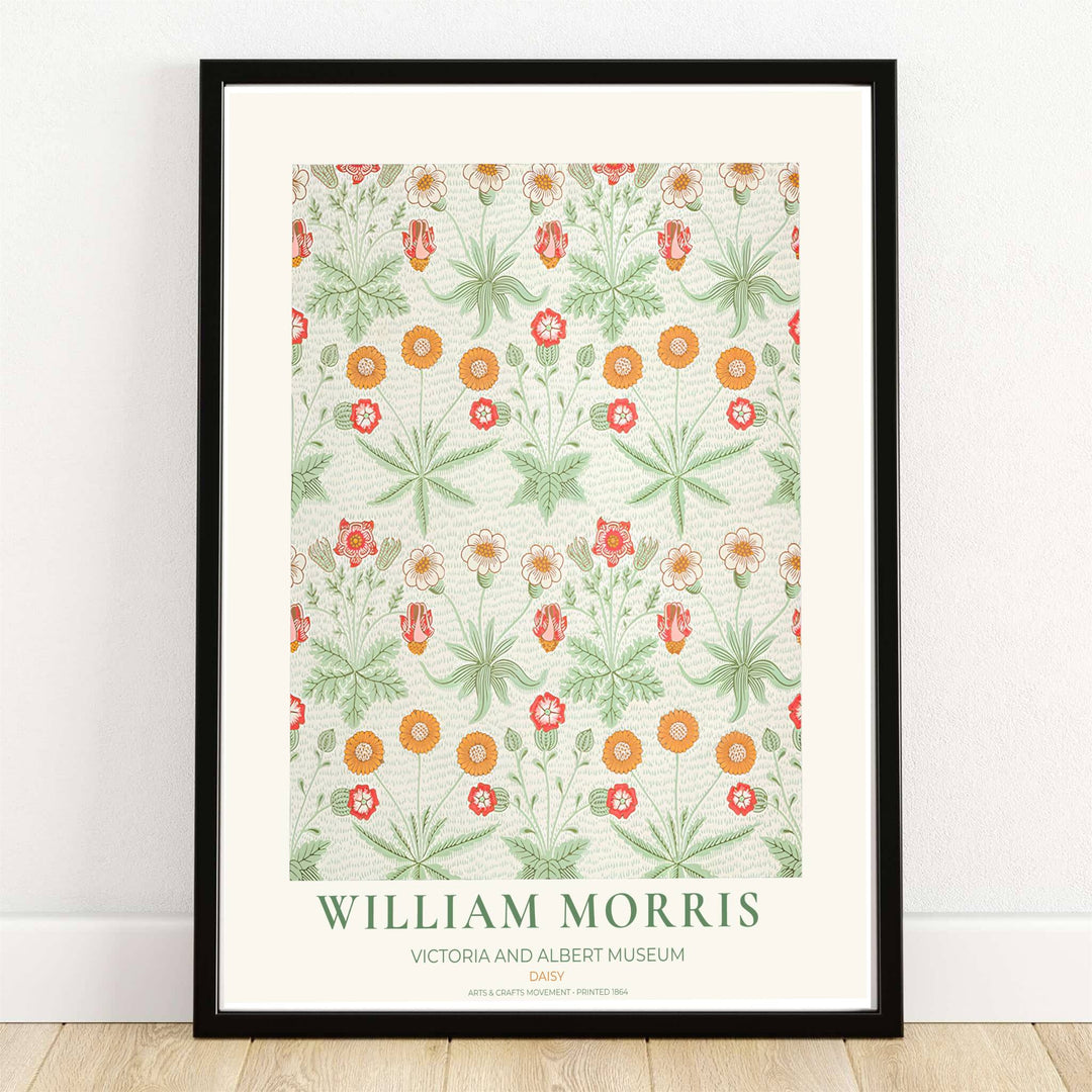 High quality William Morris Daisy green orange print displaying marigold daisies and sage green leaves perfect for cheerful living room wall decor.