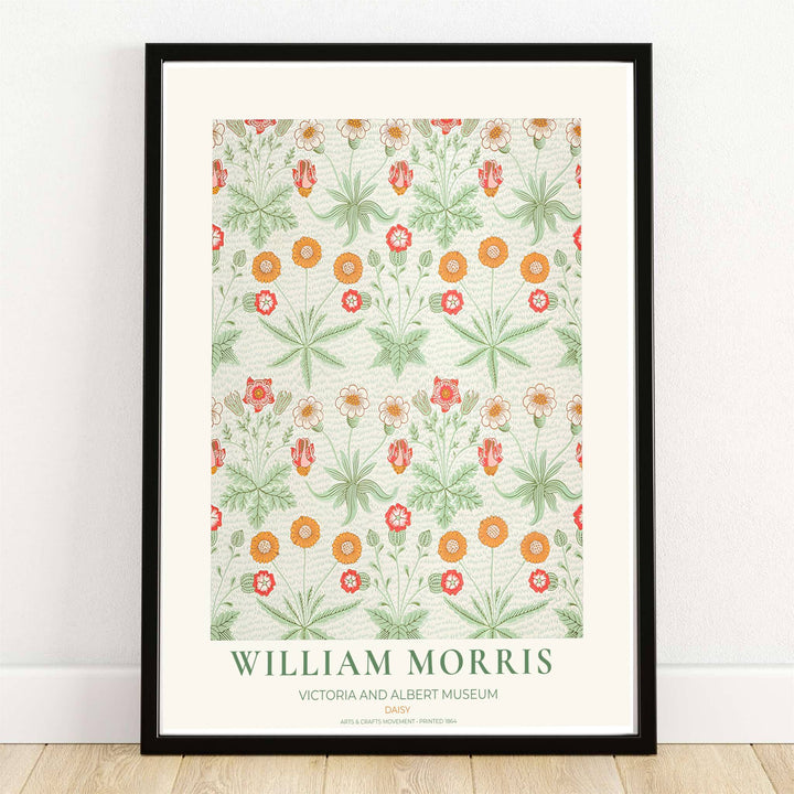 High quality William Morris Daisy green orange print displaying marigold daisies and sage green leaves perfect for cheerful living room wall decor.