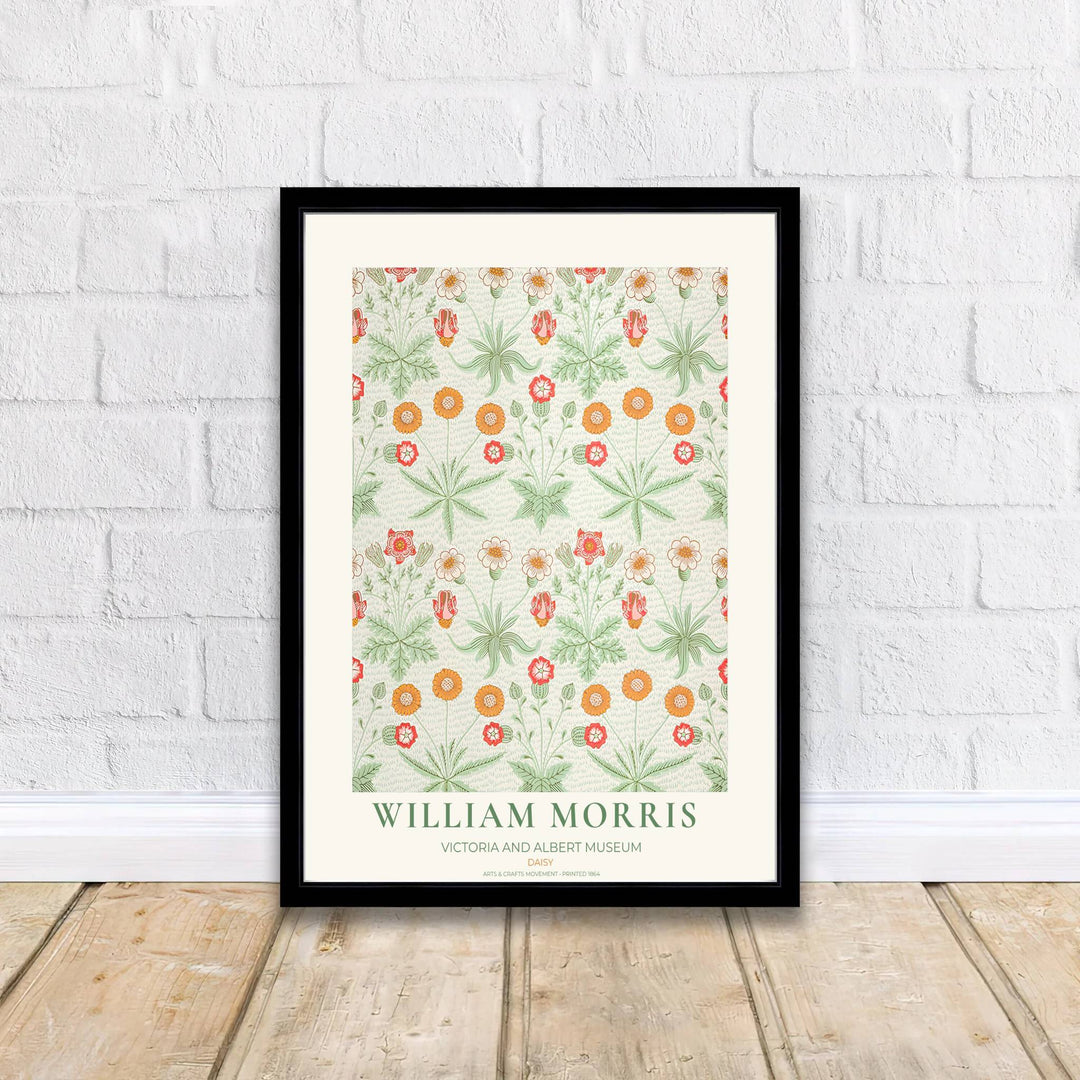 Classic William Morris Daisy green orange print, adding a charming vintage flair and rich botanical detail to warm living room arrangements, entryways, and traditional interior spaces.