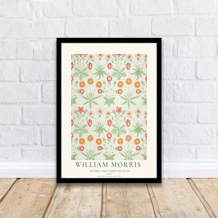 Classic William Morris Daisy green orange print, adding a charming vintage flair and rich botanical detail to warm living room arrangements, entryways, and traditional interior spaces.