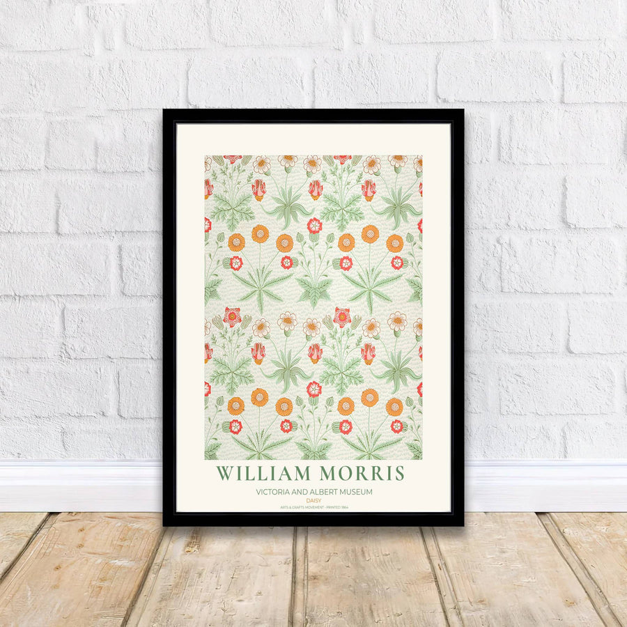 Classic William Morris Daisy green orange print, adding a charming vintage flair and rich botanical detail to warm living room arrangements, entryways, and traditional interior spaces.