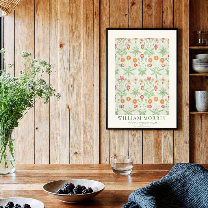Sophisticated William Morris Daisy floral poster print, designed to coordinate with warm home accents, orange tones, and cheerful botanical wall art gallery layout compositions.