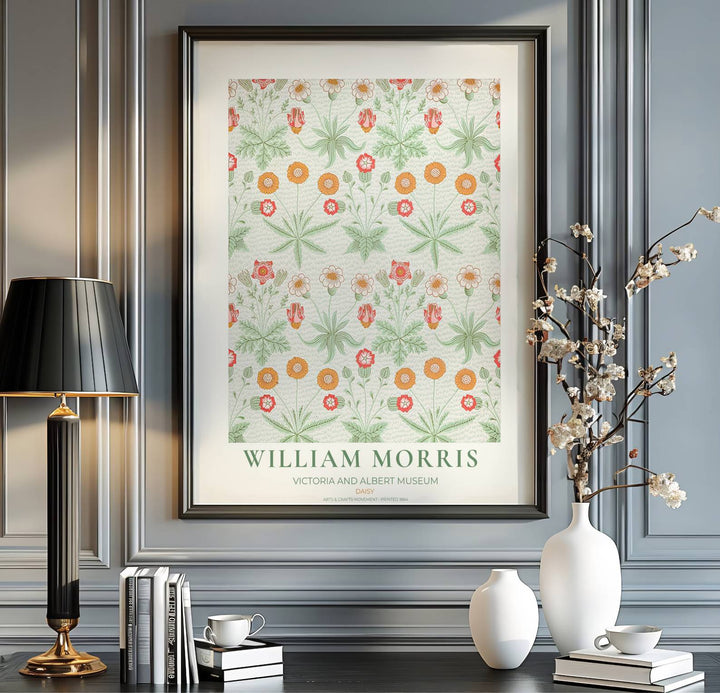 Historic artwork print of William Morris Daisy, capturing stylized daisy blossoms, columbine flowers, and pale green leaf clumps suited for kitchen, hallway, and cozy bedroom wall spaces.
