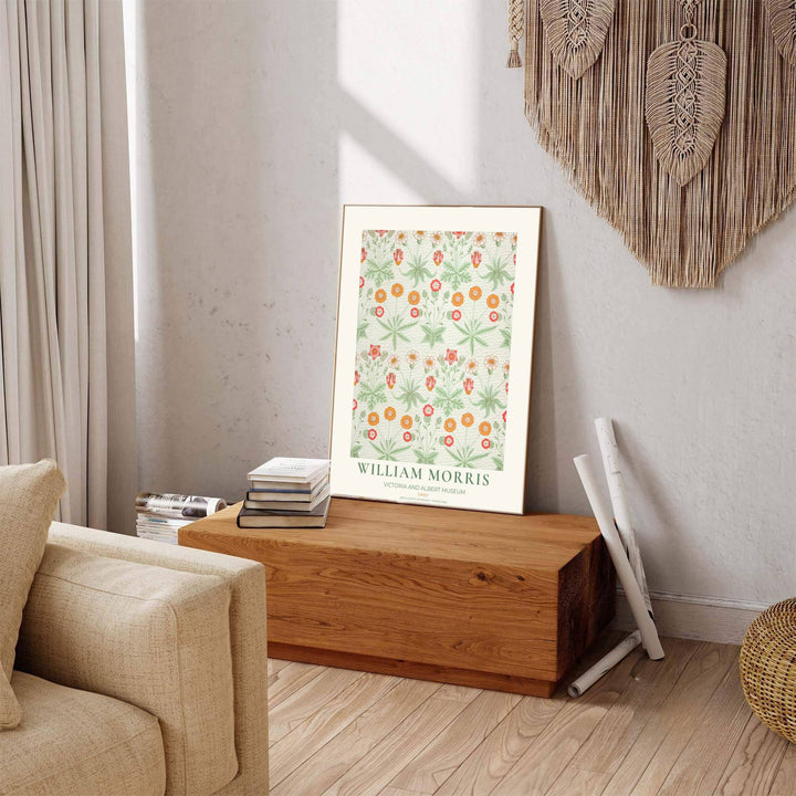 Detailed botanical illustration print displaying the neat flower groupings and spiky leaves of William Morris Daisy, perfect for sweet wall arrangements and modern gallery collections.