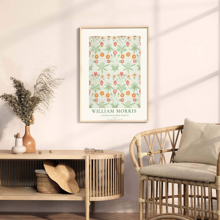 Vintage floral artwork print of William Morris Daisy, providing a warm, meadow-inspired touch to classic European, Victorian, and cottagecore home interior themes with organic pattern graphics.