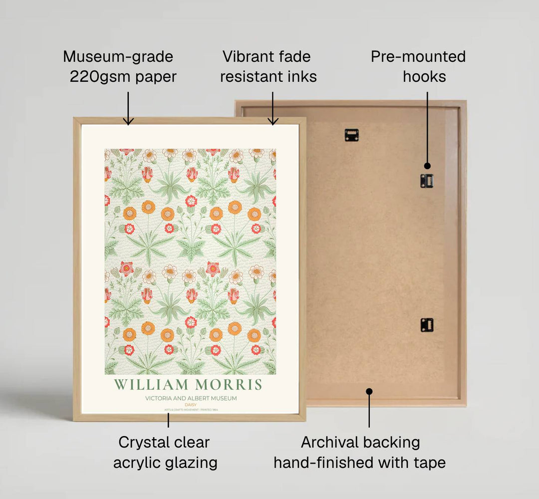 High definition graphic print of the renowned Daisy design by William Morris, showcasing meadow floral details and warm green and orange tones for lasting aesthetic appeal in residential spaces.